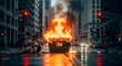 © Hastuti - Urban street scene features large dumpster ablaze