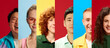 © Lustre Art Group  - Close portraits of diverse young people smiling on vibrant backgrounds in modern collage style. Concept of emotional connection, inclusivity, human warmth, and identity in lifestyle and advertising.