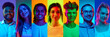 © Lustre Art Group  - Portraits of diverse people under colorful neon lighting showing creative individuality. Concept of modern identity, digital culture, emotional expression, and inclusive branding for lifestyle visuals