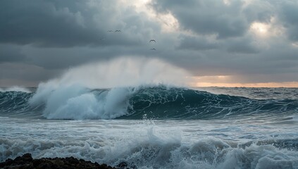  Cresting breaking ocean wave spraying foam at rocky shore, with seabirds gliding under storm clouds