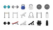 © FARHANA - Fitness and exercise equipment icons: a diverse collection of vector icons, showcasing the core elements for a dynamic fitness routine, including dumbbells, kettlebells, weight plates, pull-up bars.