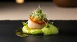 © Yuzare - A beautifully seared scallop served on a vibrant green pea purée with microgreens and a delicate sauce, presented on a dark plate.