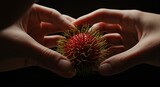 Hands delicately holding a vibrant rambutan fruit in soft light.