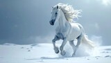 Biały koń pędzący w śniegu 