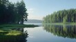 © Yuliia - Tranquil forest lake surrounded by tall pine trees reflecting in calm water during early morning light, green grass on shoreline creates serene natural landscape.
