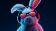 © Suwandi - Neon-lit rabbit facing forward, wearing mirrored glasses and large headphones for a cool vibe today