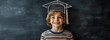© Yuliia - Cheerful elementary school student wearing graduation cap against chalkboard background, expressing joy and achievement in education. Bright smile shows success.