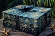© juliars - Beautiful gift box wrapped in dark paper with gold floral pattern and black ribbon, placed on rustic wooden surface