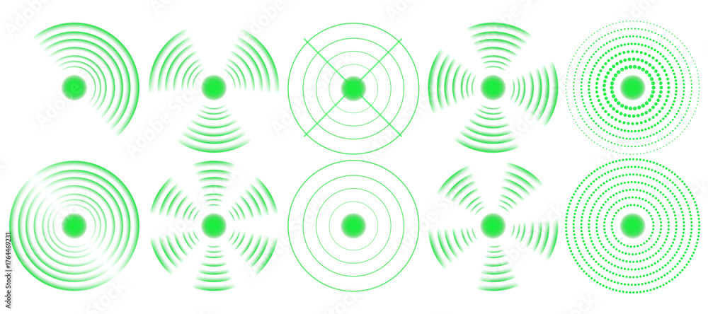 Digital green radar display with signal rotation and scanning circles ...