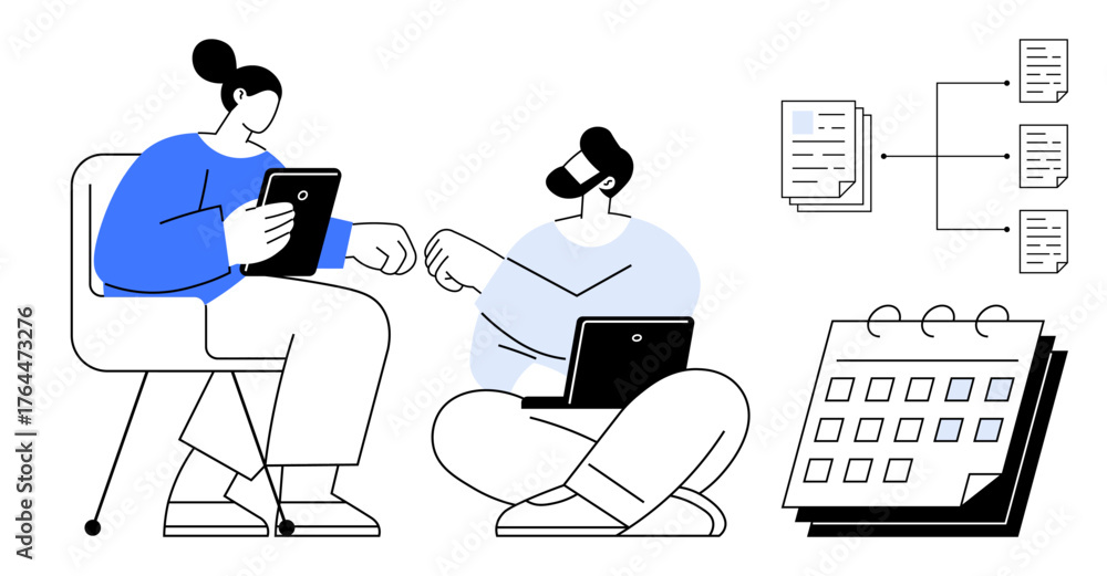 Two people using a laptop and tablet, sharing ideas. Includes flowchart ...