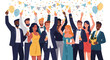 © Dodoy - joyful illustration of a diverse group of friends in formal wear and party hats, celebrating with a champagne toast under confetti and balloons