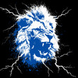 © azi - Powerful blue roaring lion head illustration with aggressive expression, grunge splatter effect, and dramatic lightning bolts on black background.