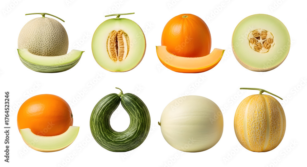 Collection of different varieties of fresh melons isolated on white ...