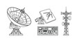 © Runa - Detailed line art depicts satellite dish communication tower and electronic control panel set vector