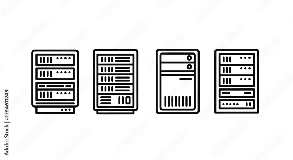 Four server racks labeled with technology and data storage icons for ...