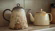 © The 2R Artificiality - Chalky calcium carbonate buildup inside an aged kettle in a kitchen setting.