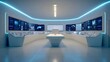 © irawan - Futuristic command center glows with blue neon accent lighting illuminating numerous display panels