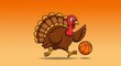 © Banjir - A cartoon turkey with basketball dribbling towards viewer, against gradient orange background