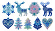 © Malika - Blue Winter Decorations Featuring Snowflakes, Deer, Trees, Flowers, and Hearts