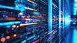 © TommyNa - High speed data transfer in futuristic server room with glowing blue and orange lines, ideal for AI technology, IT infrastructure, and cloud computing visuals
