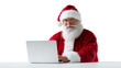 © Favio - Santa Claus sitting at a white desk and working on a laptop isolated on transparent.