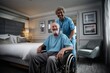 © Eve - Smiling nurse standing behind senior man in wheelchair at home. Concept of healthcare, rehabilitation, caregiving, support, compassion, and professional medical assistance for elderly.