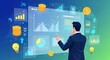 © ABDOU BERRI - Financial technology illustration with businessman reviewing digital analytics dashboard - investment performance and market growth visualization