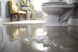 © dinda - Water floods a bathroom floor, originating from a white toilet, near furniture