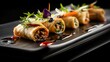© fivan - Chinese spring rolls styled with Italian modern plating, overhead minimal