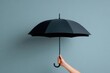 © MAVIS - Hand Holding a Sleek Black Umbrella Against a Light Blue Background