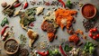 © COK House - World map of spices and vegetables on a grey background, highlights the diversity of cuisines of the world, useful for cooking blogs and articles about world traditions.