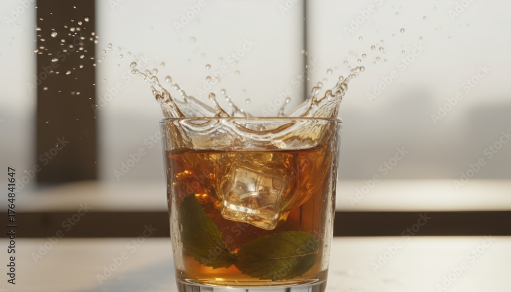Ice cube dropping into a glass of iced tea with mint, creating a ...