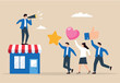 © Premium Shop - Flat illustration of store owner with megaphone speaks to loyal customers positive feedback brand engagement increase sale marketing strategy