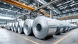 © Visglow - Large steel rolls neatly organized inside a spacious industrial factory environment.