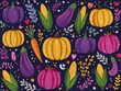 ©  Sheton - 다채로운 색상과 패턴으로 디자인된 호박, 가지, 옥수수, 당근 등의 신선한 채소 일러스트레이션 벡터 이미지.