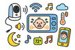 © Влада Яковенко - Smart Baby Monitor Icons. Smart baby monitor. Colorful Hand-drawn doodle Children illustration Smart baby monitor camera, Wi-Fi signal, screen display, sound