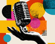 ©  Sheton - 다채로운 색상과 독특한 질감의 기하학적 도형들이 어우러진 추상적인 배경 위에, 손이 빈티지 마이크를 들고 있는 예술적인 벡터 일러스트레이션이 시선을 사로잡습니다.