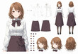 ©  Sheton - 단정한 흰색 블라우스와 갈색 스커트를 입은 애니메이션 스타일의 젊은 여성 캐릭터 디자인 설정화로, 다양한 표정과 의상 디테일을 포함한 상세한 벡터 일러스트레이션입니다.