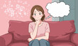©  Sheton - 분홍색 소파에 앉아 손으로 턱을 괴고 깊은 생각에 잠긴 젊은 여성이 불확실한 미래나 복잡한 문제에 대해 고민하는 모습을 섬세하게 묘사한 벡터 일러스트레이션입니다.