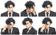 ©  Sheton - 정장을 입은 젊은 남성 캐릭터가 고민 슬픔 짜증 등 다채로운 감정을 섬세하게 표현하며 현대인의 복잡한 내면을 보여주는 고품질 벡터 일러스트 모음으로 다양한 디자인 프로젝트에 활용될 수 있습니다.