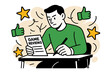 © Влада Яковенко - Game Review Insights. Game Reviews. Reviewer at a desk writing a game critique with floating abstract stars and thumbs-up icons, focused and analytical mood.