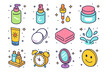 © Влада Яковенко - Skincare Icons Set. Daily skincare routine. Colorful isometric vector icons set of Daily skincare routine: cleanser bottle, toner spray, serum dropper,