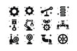 © Svitlana - Mechanical Gadget Icons. Mechanical Gadgets. Solid icons set of Mechanical Gadgets: gear, cogwheel, lever, spring, piston, mechanical arm, clockwork, valve,