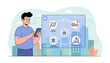 © Trey - Modern flat illustration of a person using a smartphone to navigate a customer journey map, showcasing business growth, repeat business, and journey evaluation with icons for satisfaction and