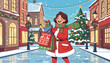 © Eron - Joyful woman in festive red coat and scarf, laden with Christmas shopping bags and gifts, walks down a snow-covered street adorned with twinkling lights, decorated trees, and wreaths, embodying the
