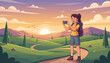 © Jillian - A young female tourist with a backpack joyfully captures a breathtaking sunset landscape with her smartphone, standing on a winding path amidst rolling green hills and evergreen trees, under a