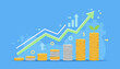 © Jillian - Vibrant flat illustration depicting a financial stock market graph with ascending green and white lines, symbolizing growth and progress, alongside stacks of gold and silver coins, representing