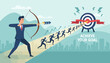 © Keycee - Vivid vector illustration of a determined businessman archer aiming an arrow at a target, symbolizing achieving goals, with a team of runners following, representing teamwork and collective success