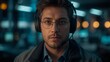 © Akhtar Zaman - Man headphones glasses portrait technology communication audio listening device call center support online on transparent background