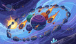© Jamaica - Vibrant cartoon illustration of a cosmic scene featuring a bright sun, ringed planet, colorful planets, a swirling asteroid belt with fiery meteorites, and sparkling crystals in deep space